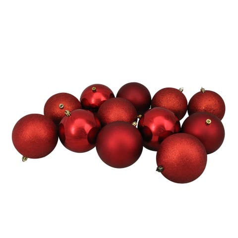 Shatterproof 4-Finish Christmas Ball Ornaments - 4" (100mm) - Red - 12ct
