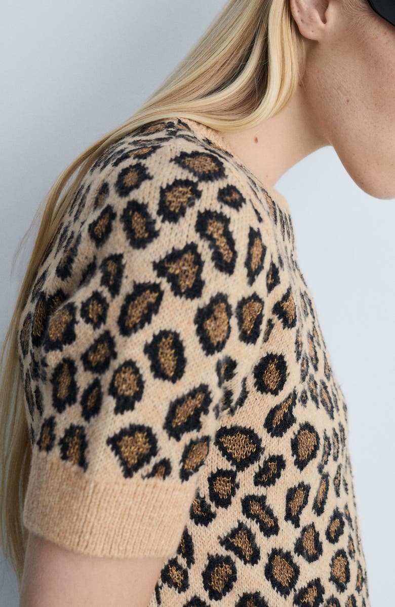 MANGO Metallic Leopard Jacquard Short Sleeve Sweater, Alternate, color, Brown