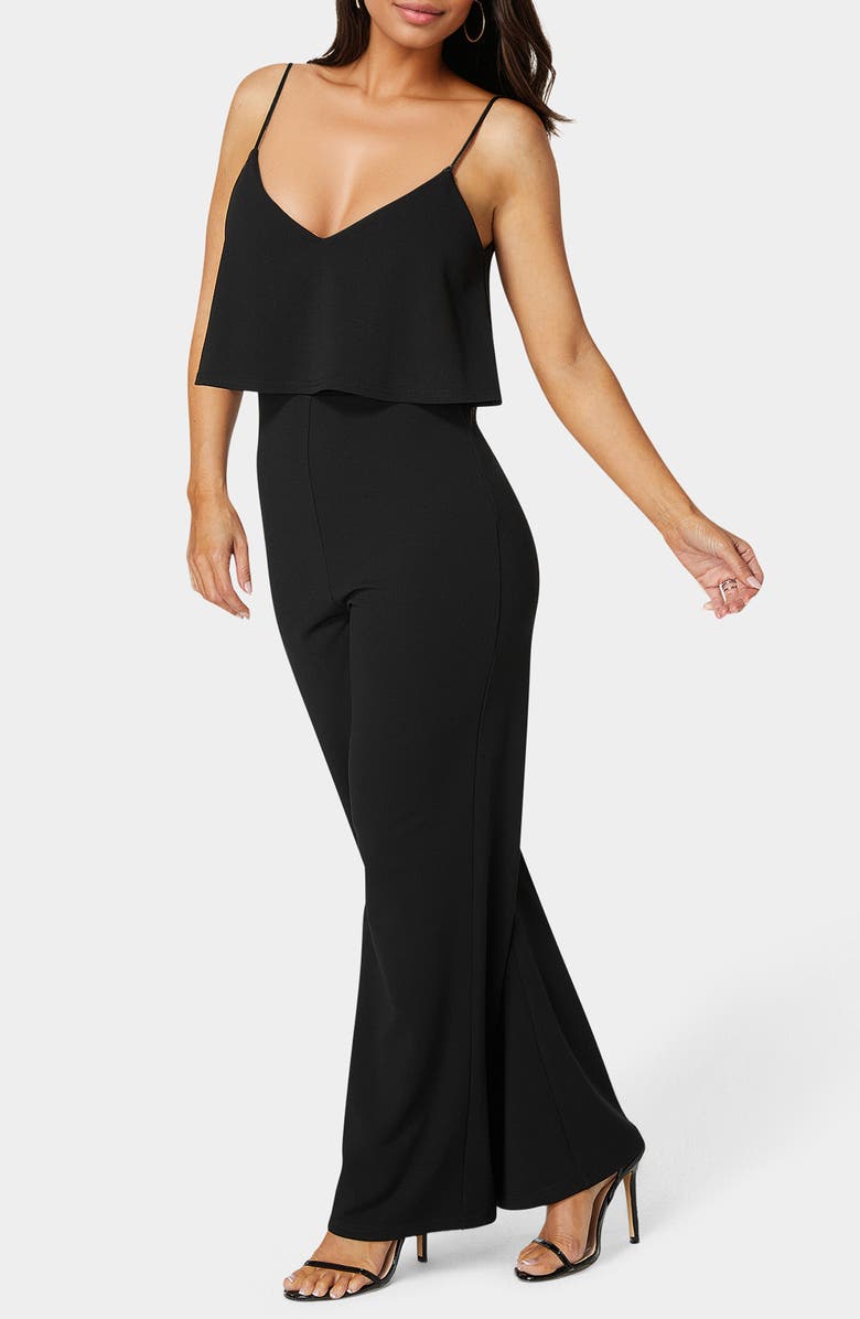 bebe Ruffle Overlay Wide Leg Jumpsuit, Alternate, color, Black