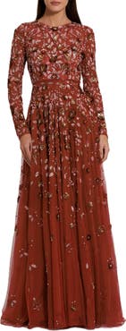 Mac Duggal Embellished High Neck Long Sleeve A Line Gown