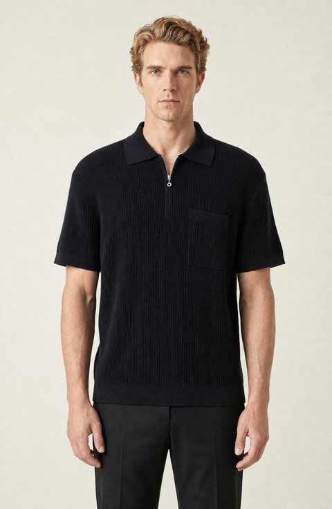 Textured Knit Short Sleeve Quarter Zip Polo Shirt