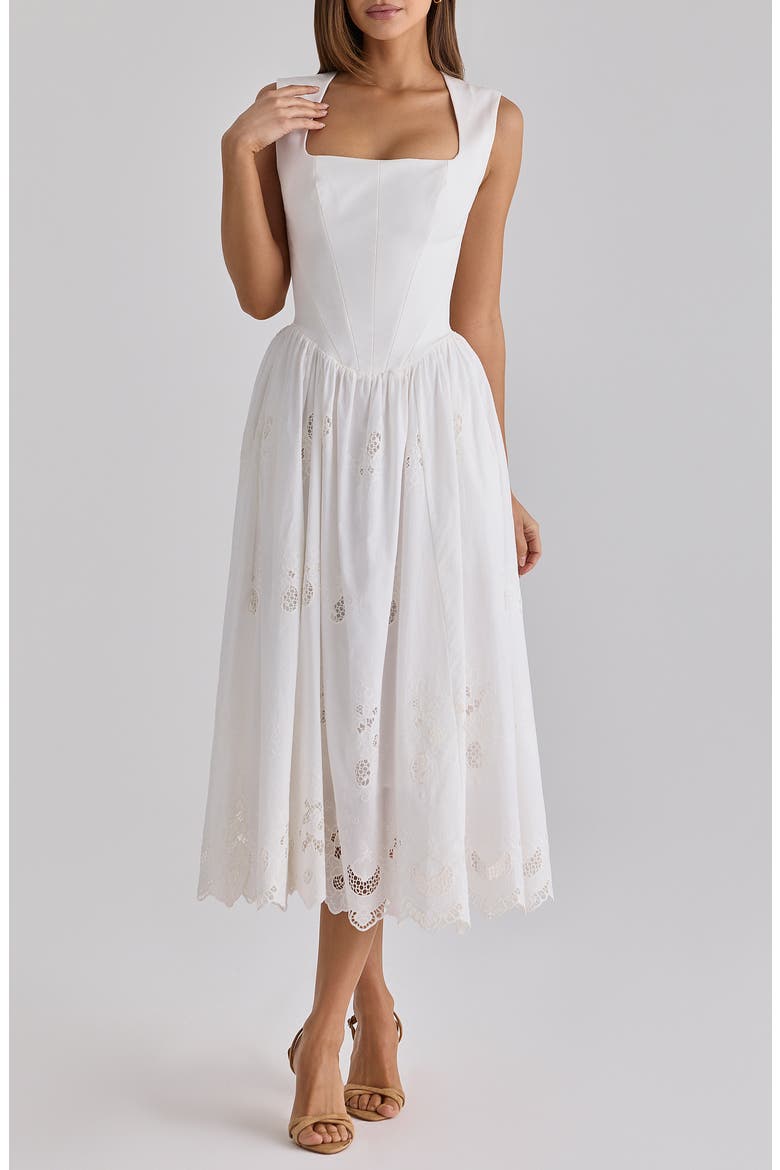 Safira Broderie Anglaise Detail Stretch Cotton Cocktail Dress, Alternate, color, WHITE