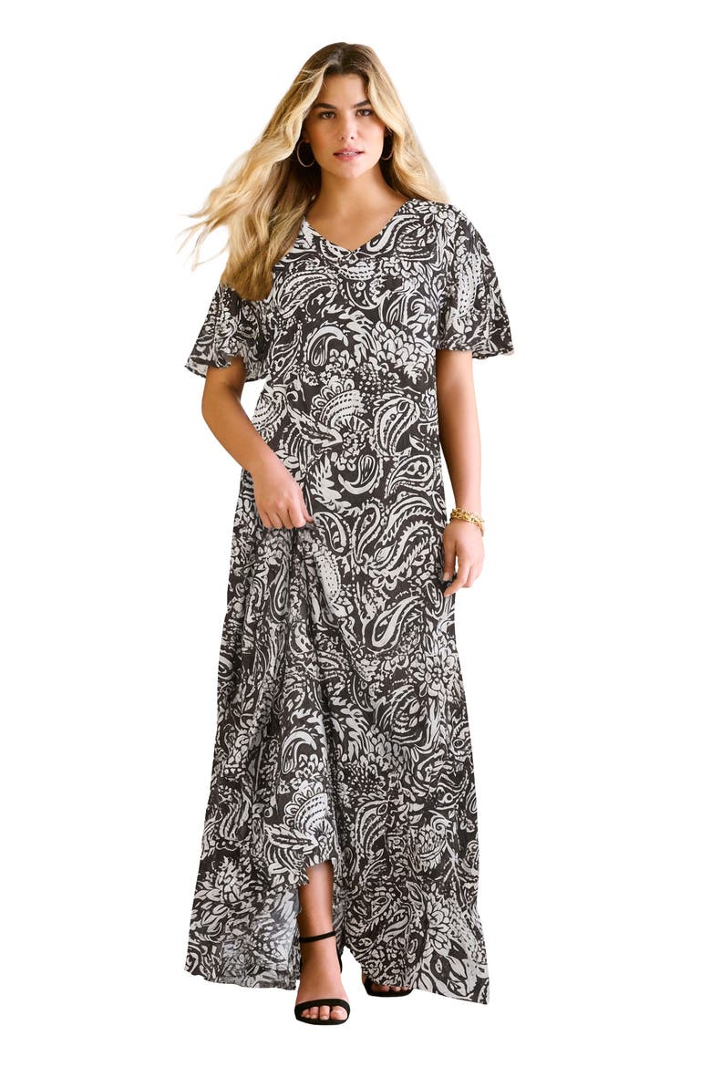 Plus Size Hand Crinkled Flutter Sleeve Maxi Dress, Main, color, BLACK PAISLEY GRAPHIC