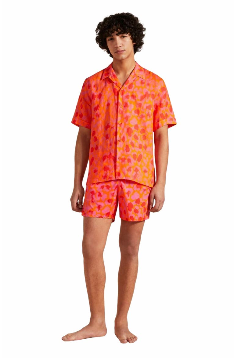 Men's Bowling Linen New Leopard Shirt, Main, color, ABRICOT