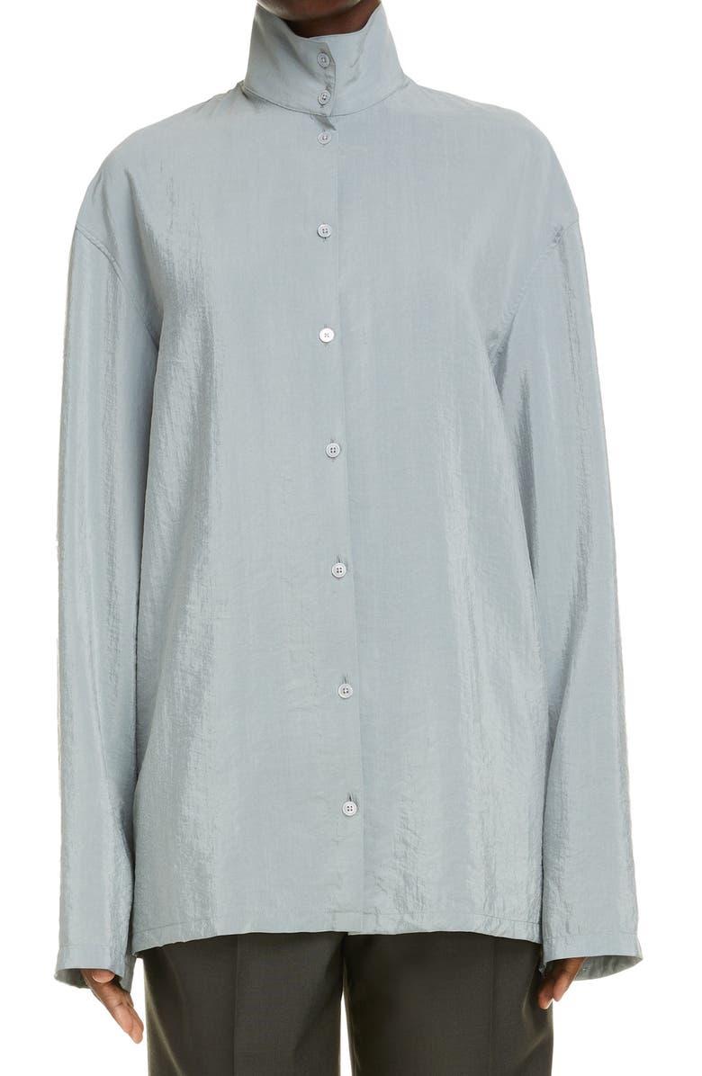 Lemaire Stand Collar Silk Blend Button-Up Shirt, Main, color, 
