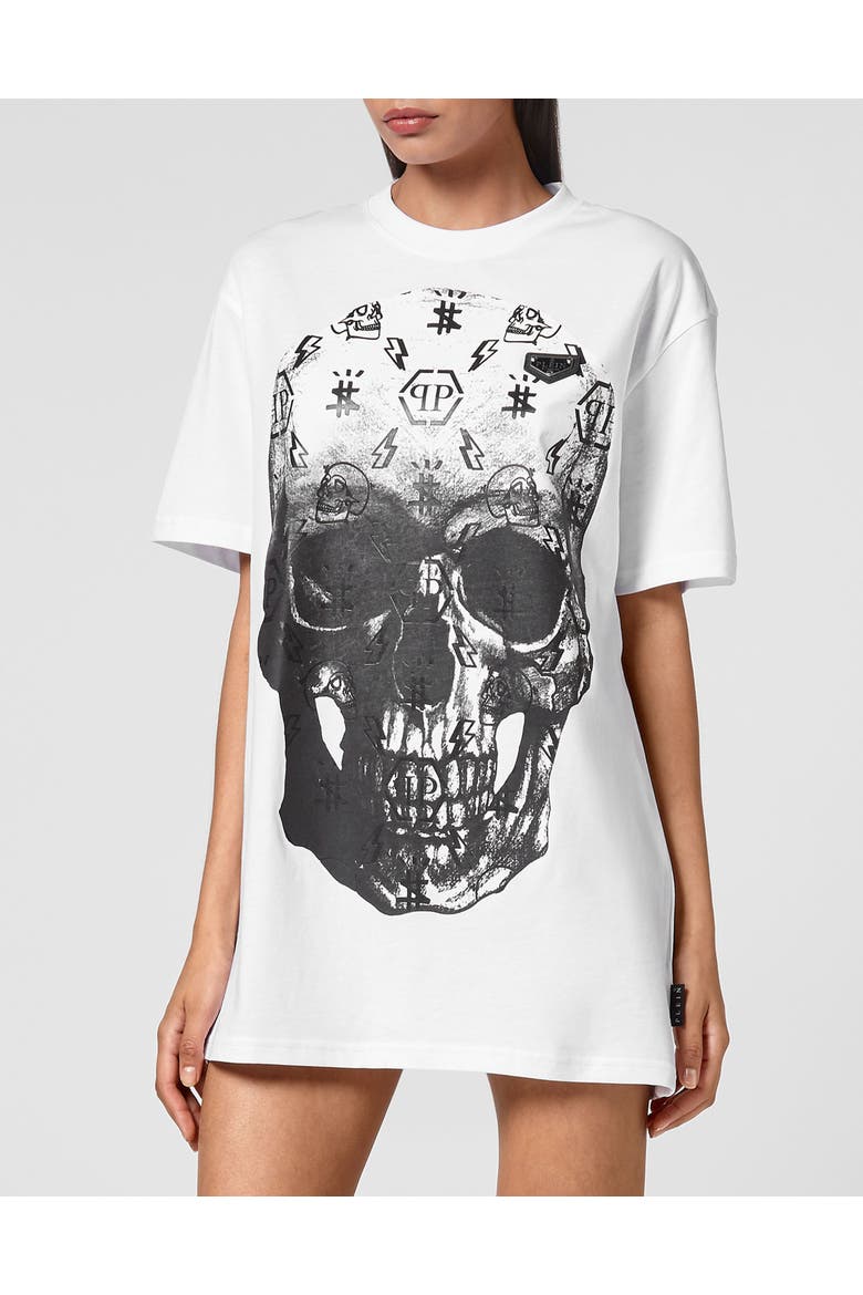 T-Shirt Round Neck Ss Print Skull Unisex, Alternate, color, white/black