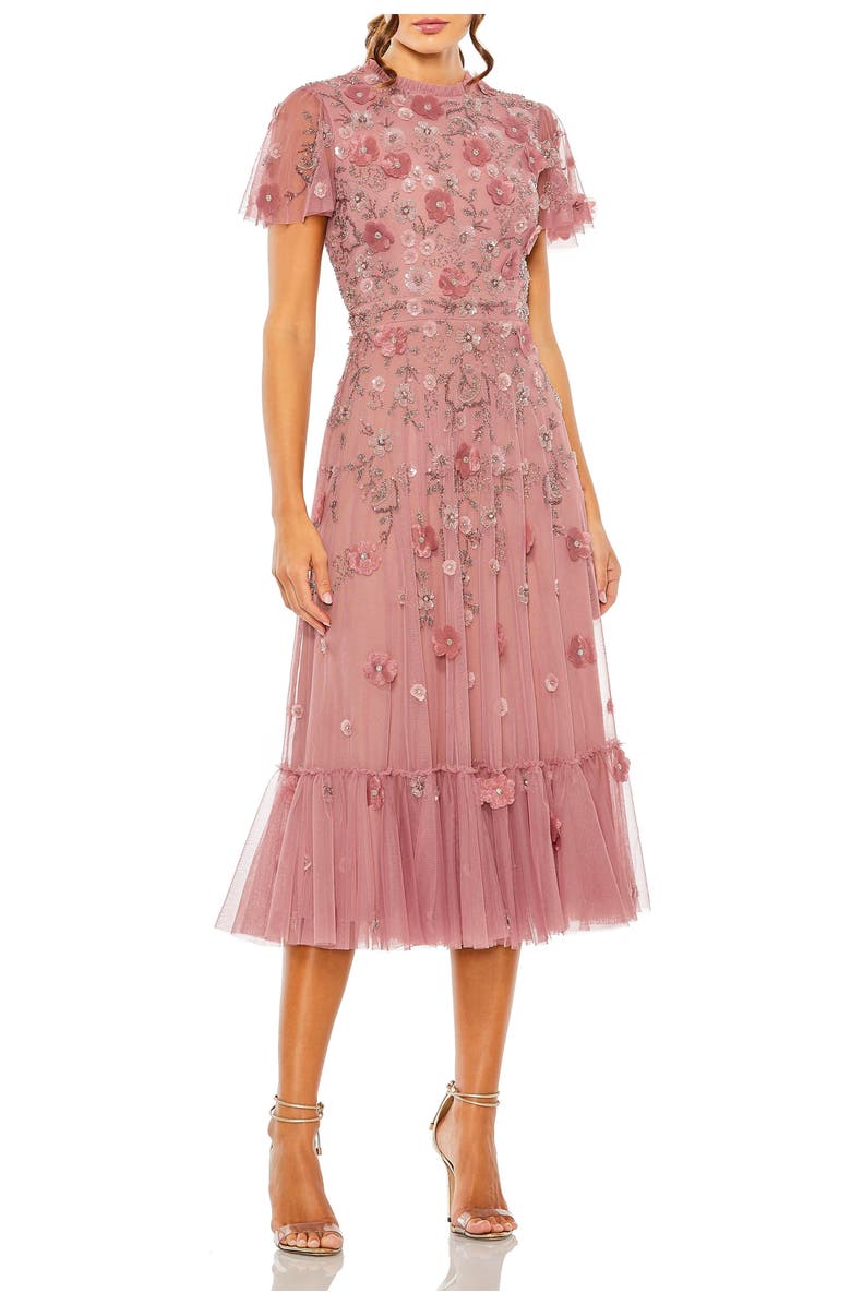 Mac Duggal Petite Embellished High Neck A-Line Dress with Flutter Sleeves, Main, color, Berry