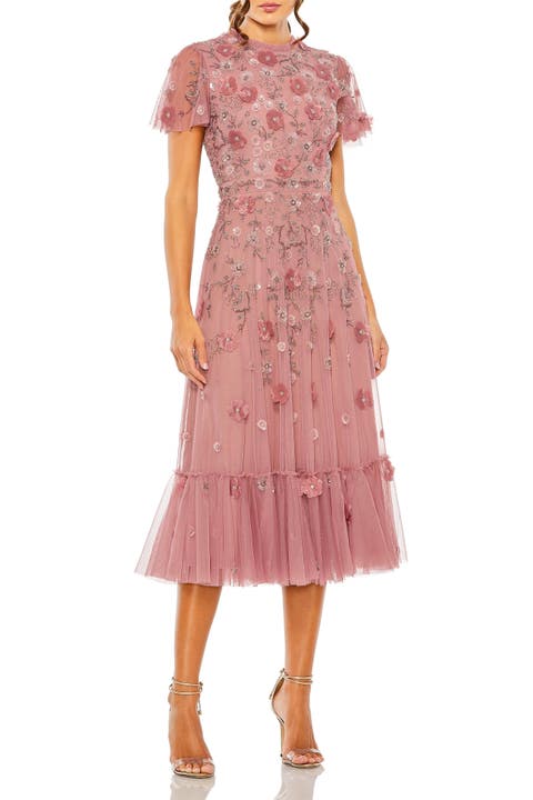 Petite Embellished High Neck A-Line Dress with Flutter Sleeves