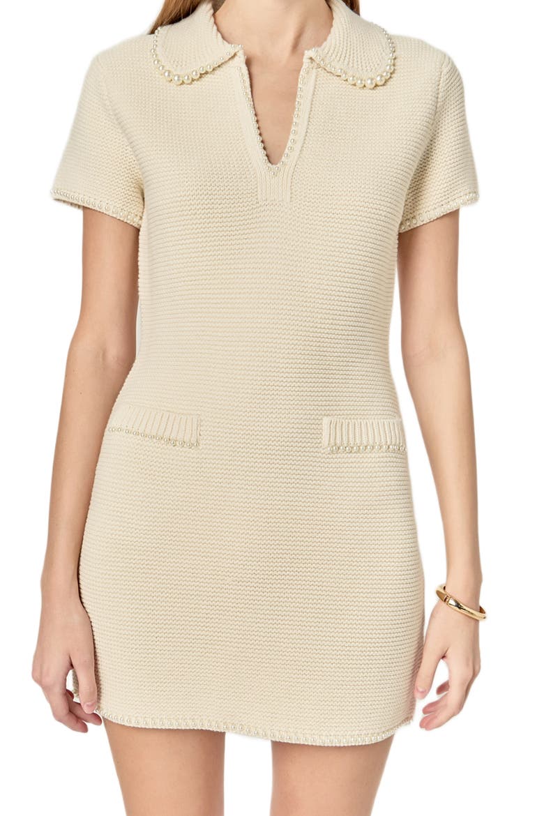 Faux Pearl Trim Collared Sweater Minidress, Alternate, color, IVORY