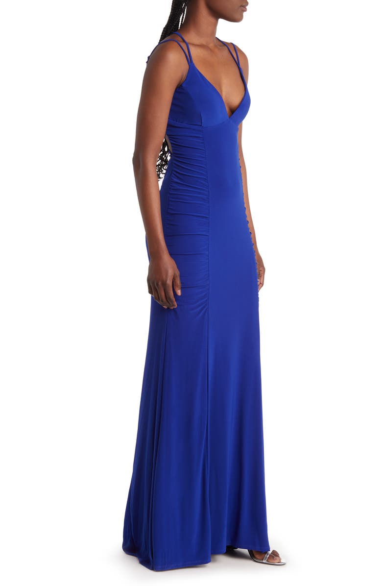 Jump Apparel Ruched Lace-Up Jersey Column Gown, Alternate, color, 