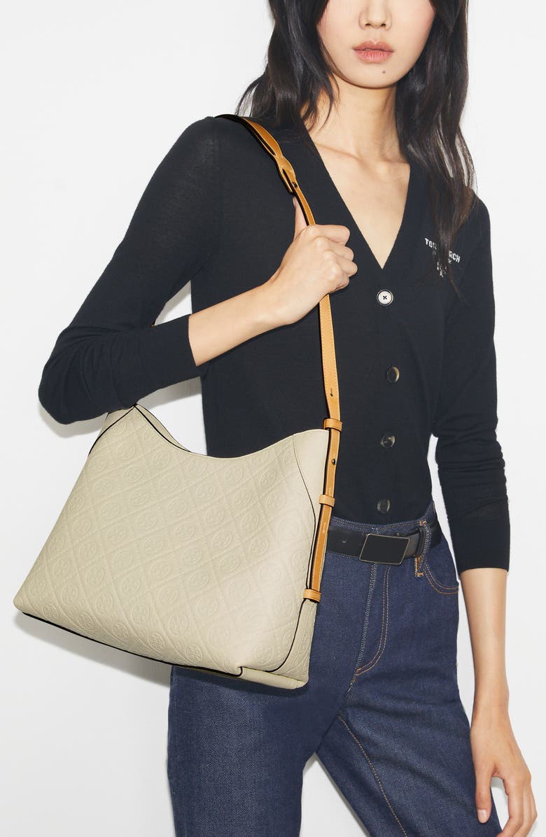 Tory Burch T Monogram Pebble Leather Messenger Bag, Alternate, color, Warm White