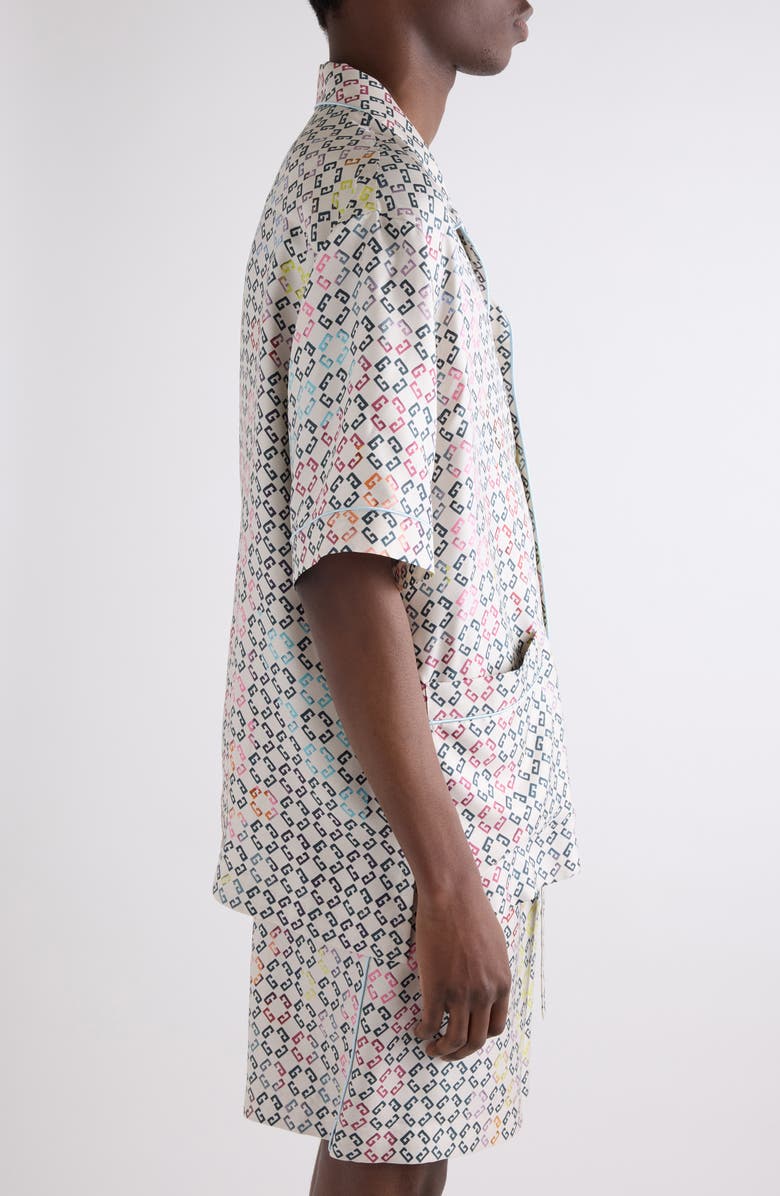 Givenchy Monogram 72 Print Short Sleeve Silk Pajama Shirt, Alternate, color, White Multicolored