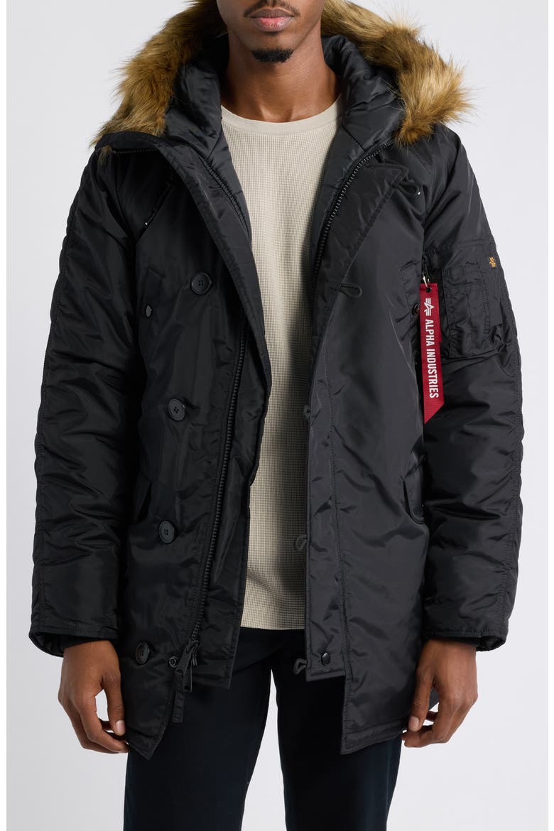 N-3B Relaxed Fit Faux Fur Trim Parka, Main, color, BLACK