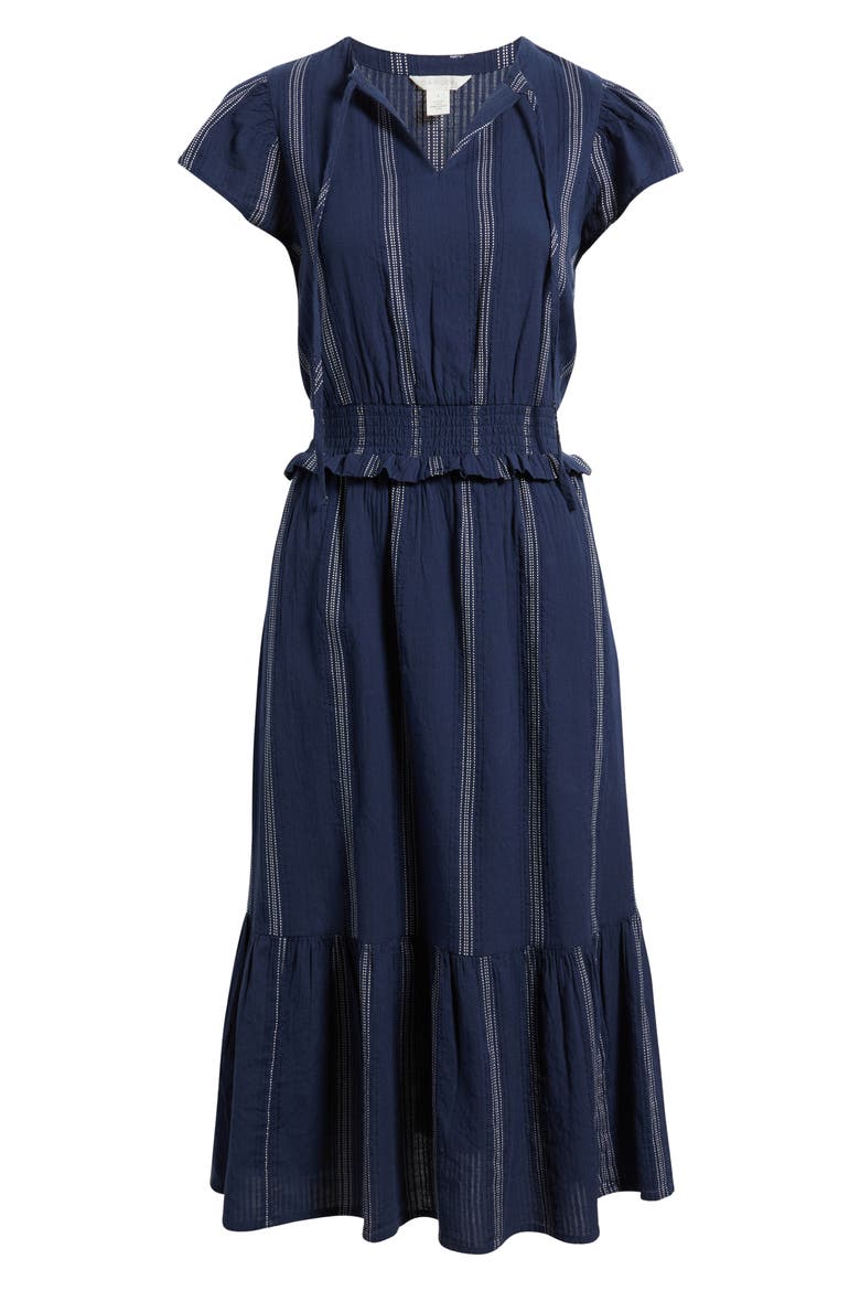 Puff Sleeve Frill Flared Midi Dress, Alternate, color, NAVY- IVORY STRIPE