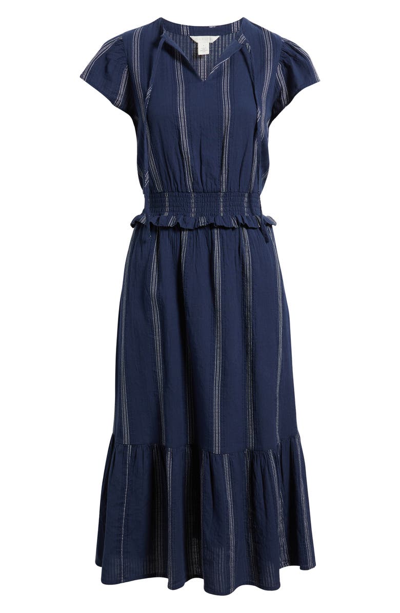 Caslon<sup>®</sup> Puff Sleeve Frill Flared Midi Dress, Alternate, color, Navy- Ivory Stripe