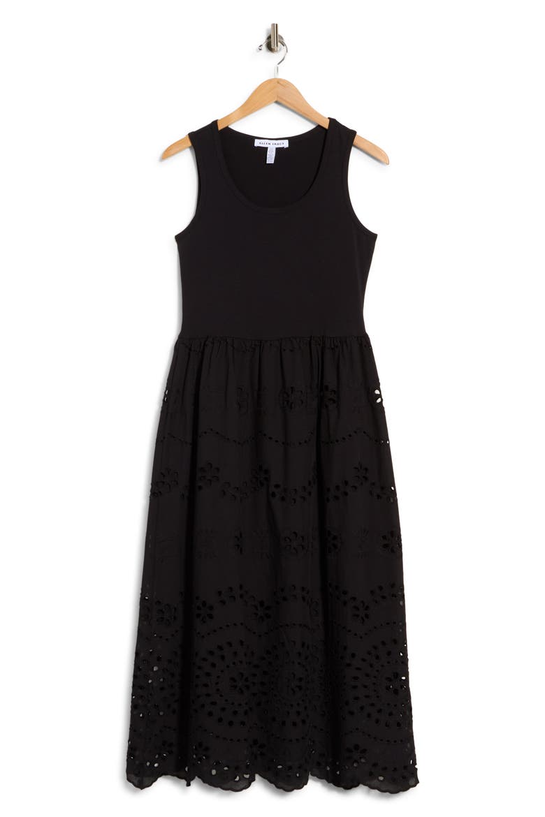 Eyelet Embroidered Twofer Dress, Main, color, BLACK