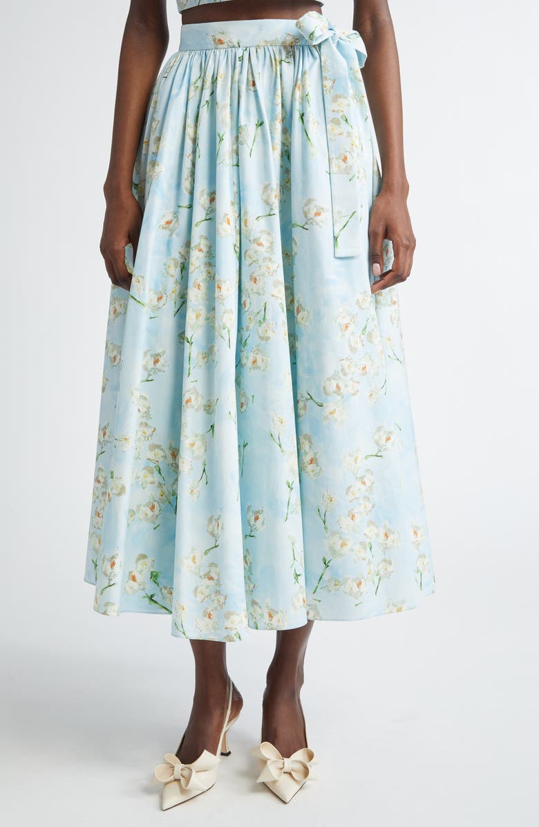 Emilia Wickstead Evelyna Floral Cotton Poplin Midi Skirt, Main, color, Little Lillies On Blue