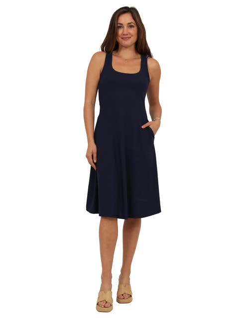Womens Essential Ribbed Knit Sleeveless Scoop Neck Pocket A-Line Midi Dress