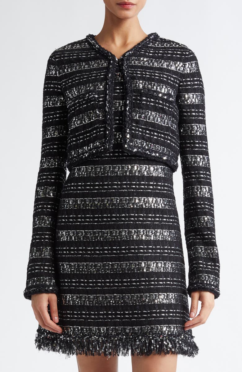 Giambattista Valli Sequin & Metallic Tweed Crop Jacket, Main, color, Black/ Silver