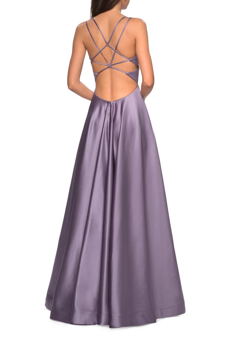 Strappy Back Satin Ballgown, Alternate, color, LAVENDER/ GRAY