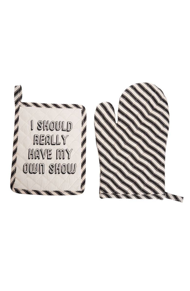 Totalee Gift My Own Show Pot Holder & Oven Mitt Set of 2 Cotton Black, Main, color, Grey