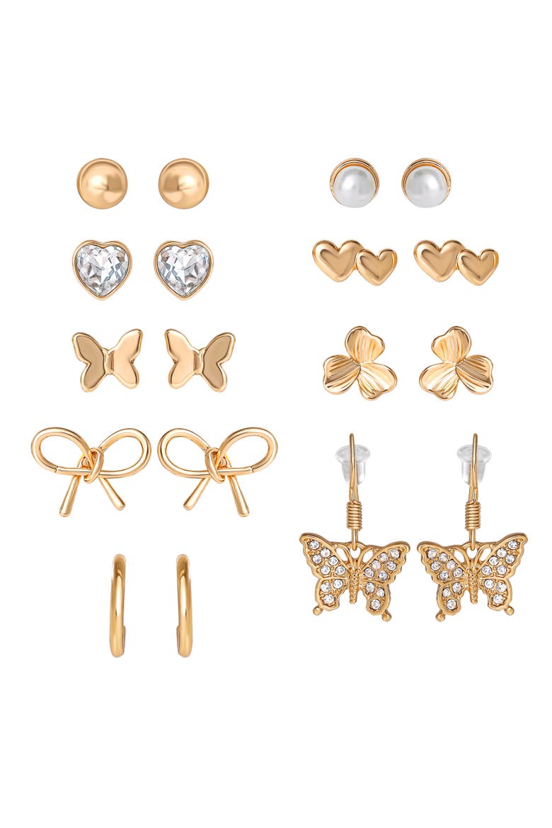 Gold-Tone Bow, Butterfly & Pearl Stud & Hoop Earring Set, 12 Pairs, Main, color, Gold