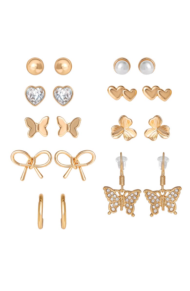 Jessica Simpson Gold-Tone Bow, Butterfly & Pearl Stud & Hoop Earring Set, 12 Pairs, Main, color, Gold