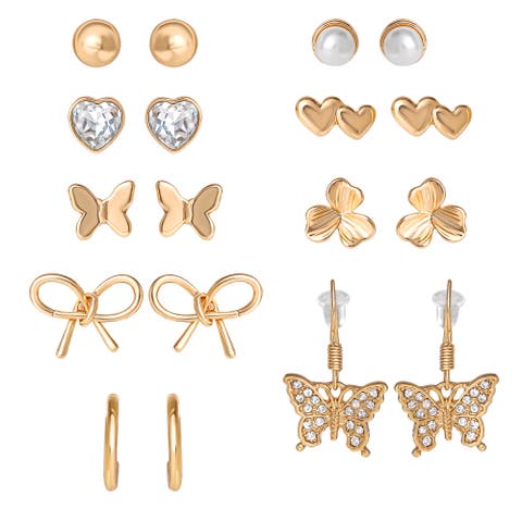 Gold-Tone Bow, Butterfly 
Pearl Stud 
Hoop Earring Set, 12 Pairs