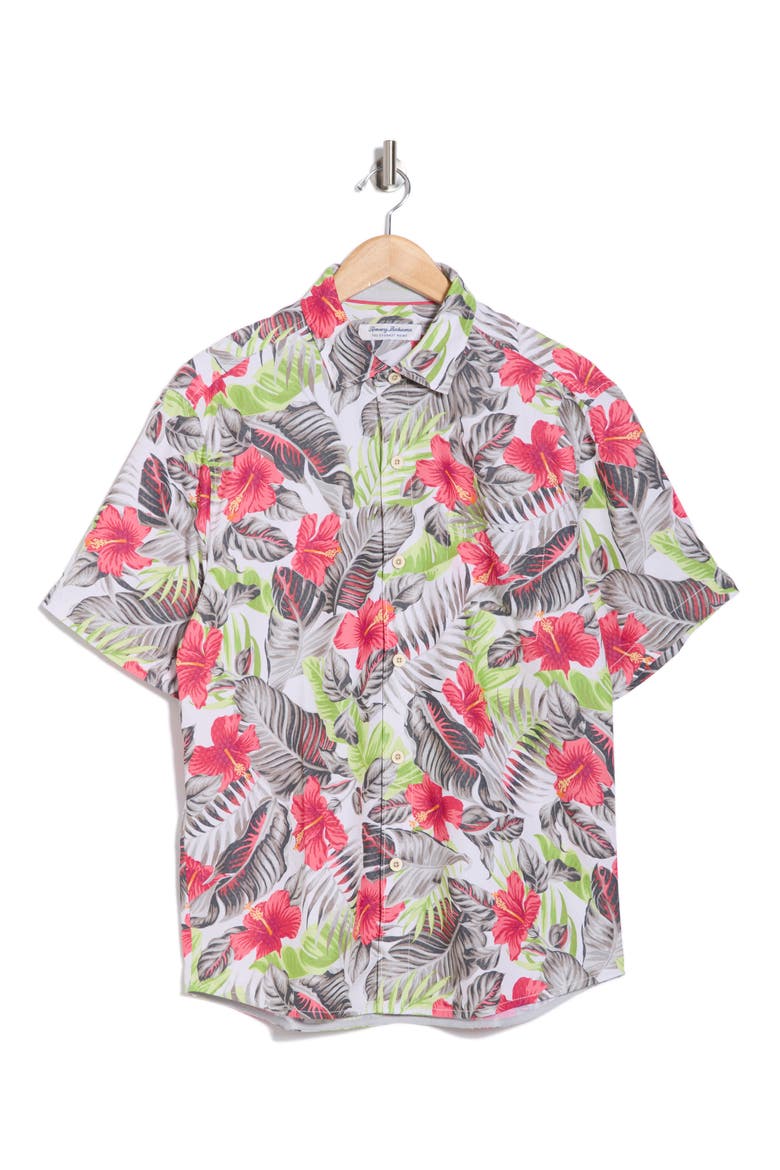 Coconut Point Hibiscus Shores Short Sleeve Button-Up Shirt, Alternate, color, SUMMER GREY