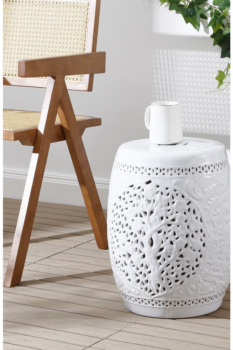 Tree of Life Traditional Floral Chinoiserie Ceramic Drum Garden Stool, Pierced Indoor/Outdoor Patio Seat & Side Table, Alternate, color, White