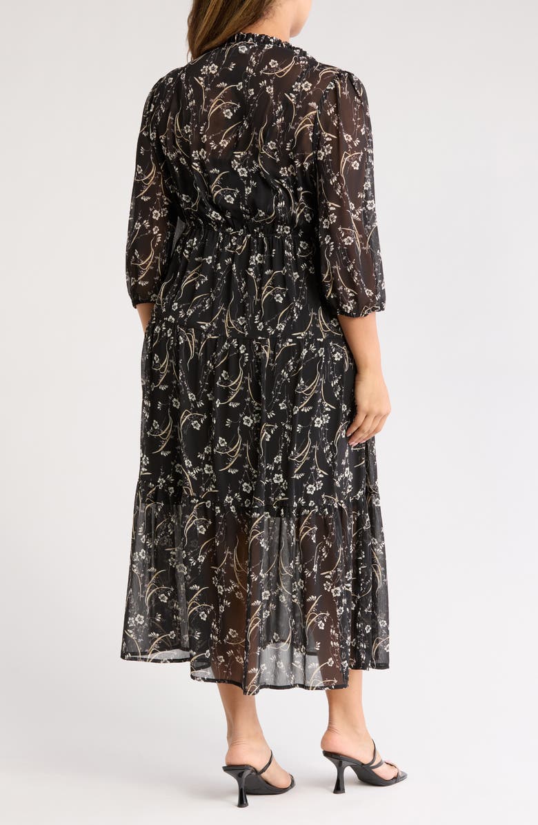 Melrose and Market Floral Tie Neck Long Sleeve Tiered Midi Dress, Alternate, color, Black Lush Floral