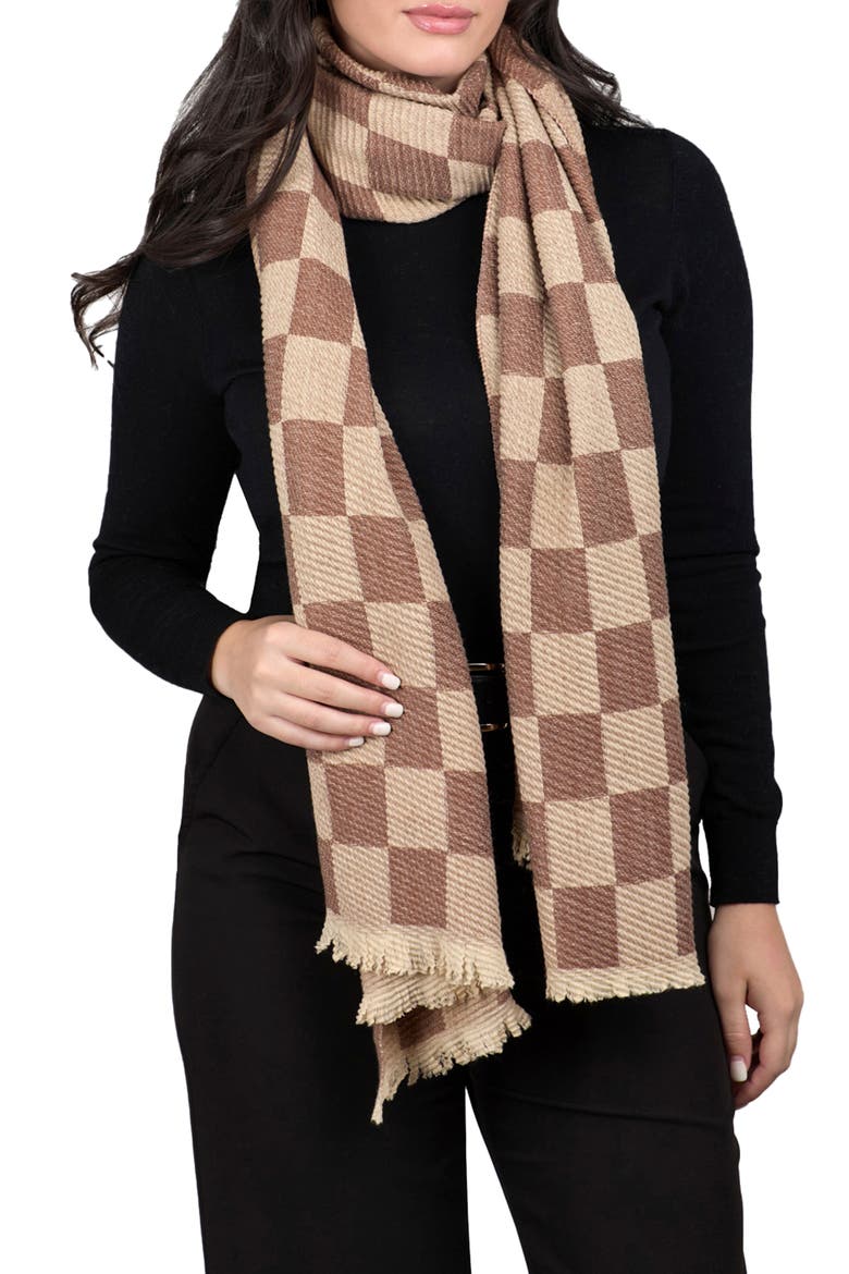 Fringe Checker Scarf, Main, color, BROWN