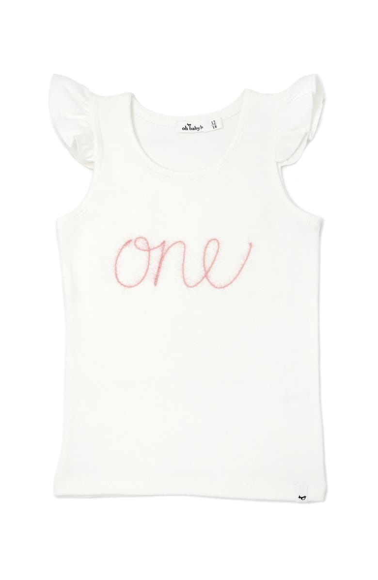 oh baby! "one" Pink Embroidered Cotton Baby Rib Flutter Sleeve Tank, Main, color, Cream