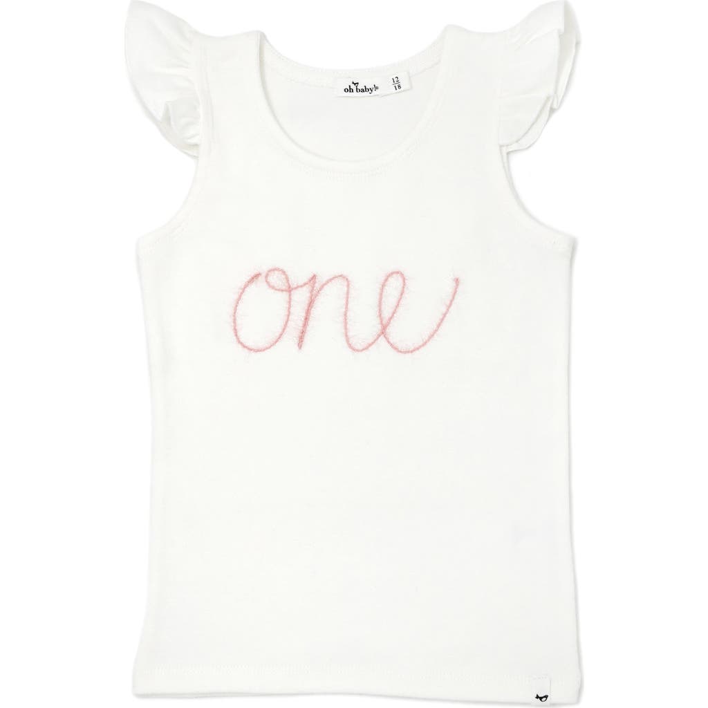 oh baby! "one" Pink Embroidered Cotton Baby Rib Flutter Sleeve Tank in Cream  product