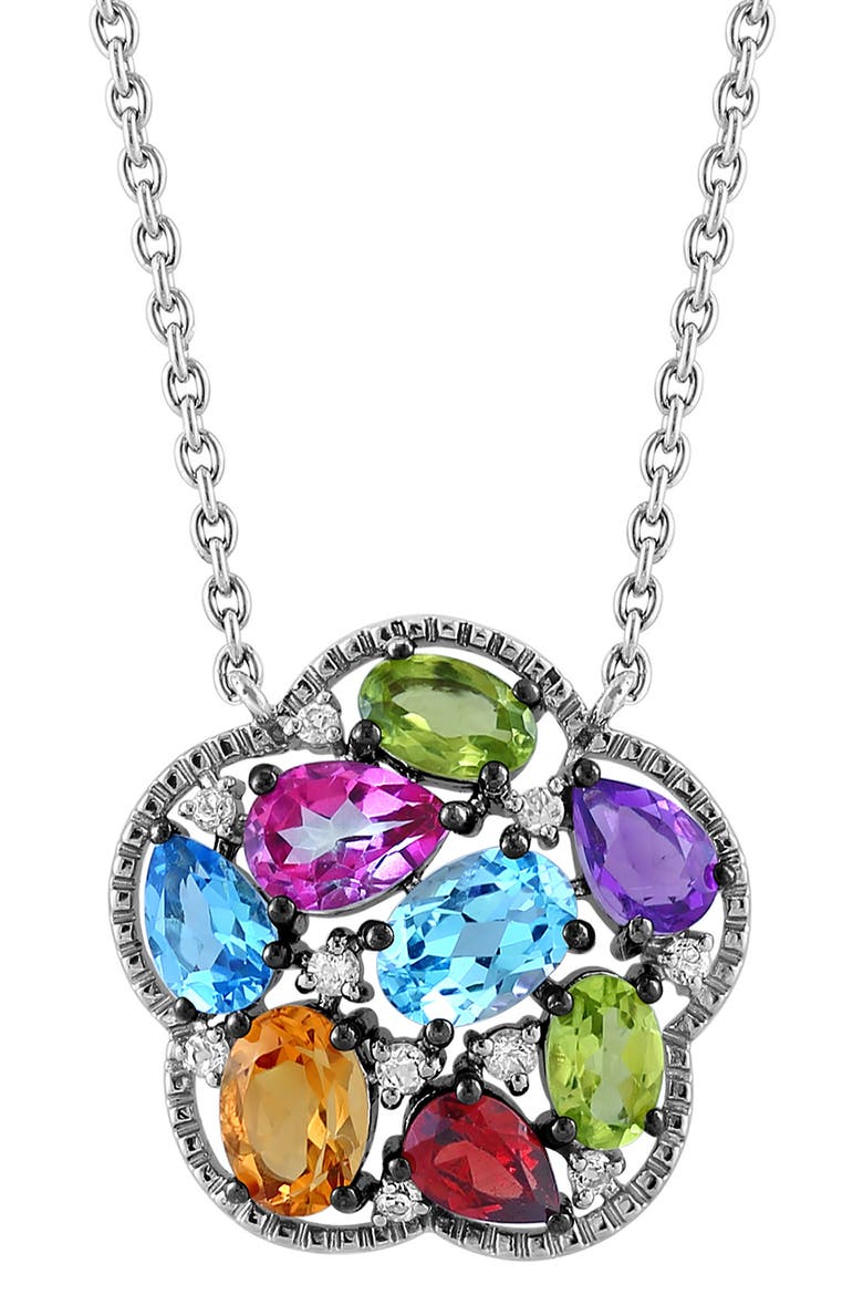 Sterling Silver Semprecious Stone & Diamond Floral Pendant Necklace, Alternate, color, SILVER MULTI