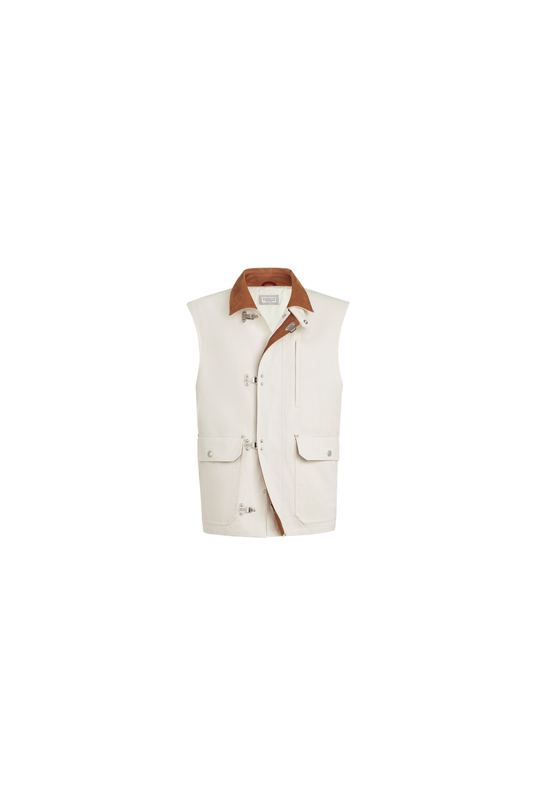Cotton and linen canvas vest with suede inserts and hook fastening, Alternate, color, White