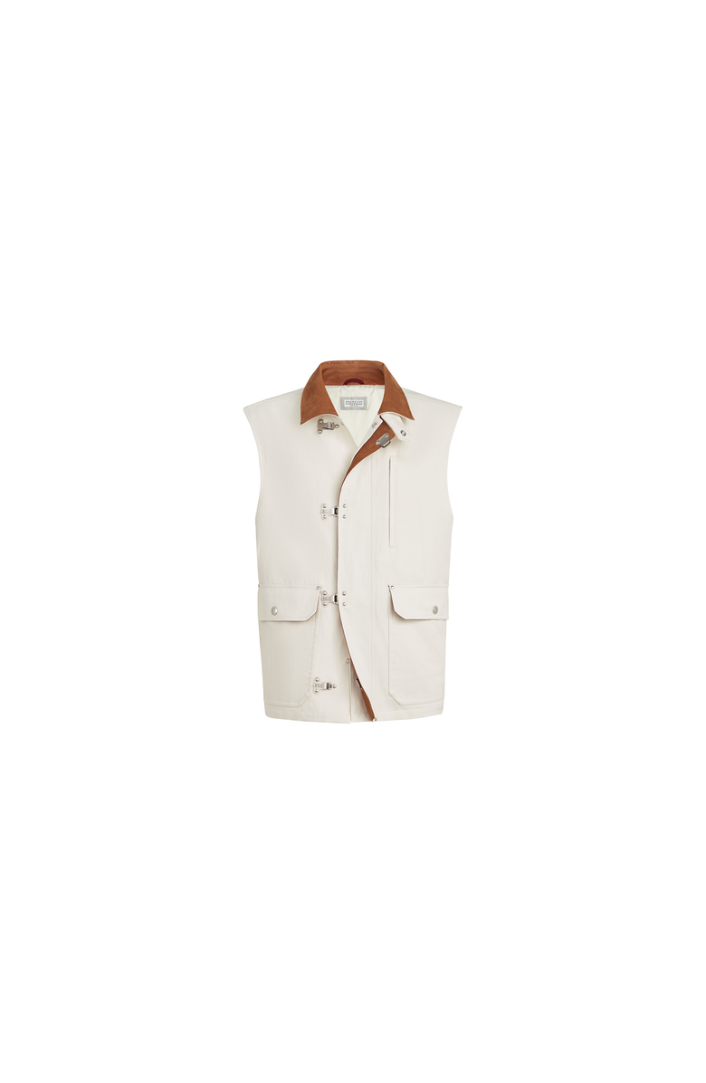 Brunello Cucinelli Cotton and linen canvas vest with suede inserts and hook fastening, Alternate, color, White