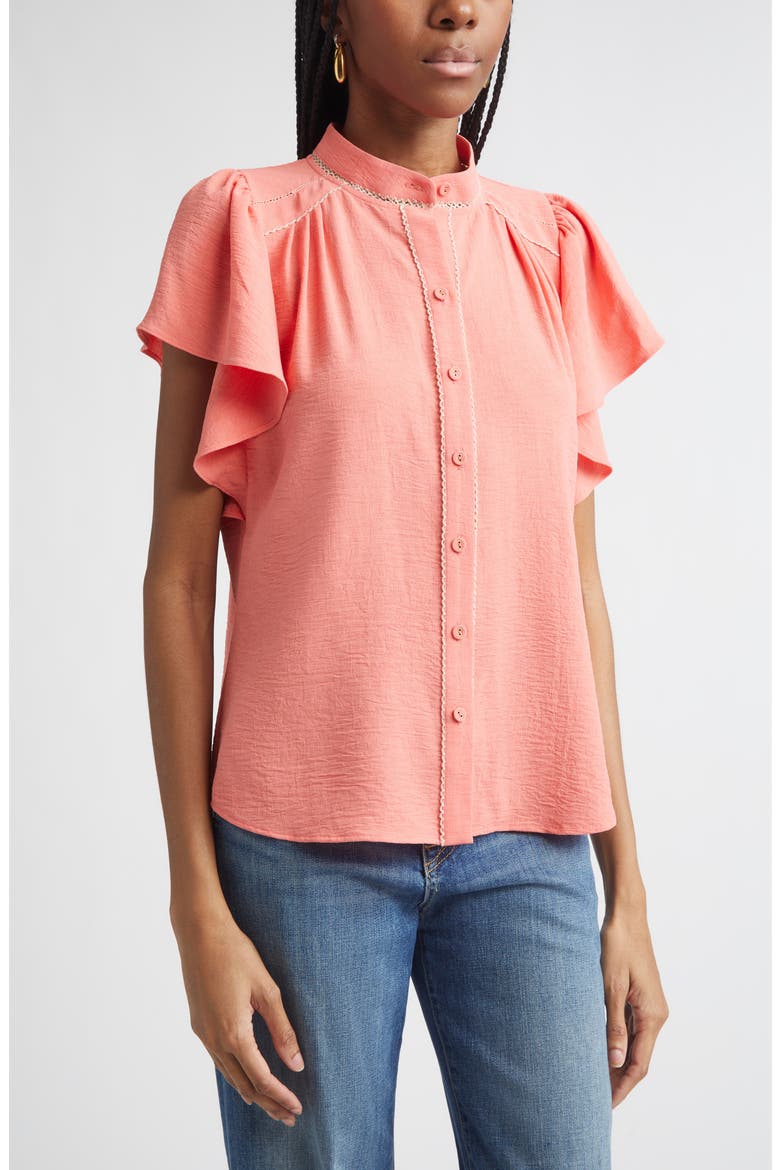 Aurora Ruffle Sleeve Button Front Shirt, Alternate, color, CORAL