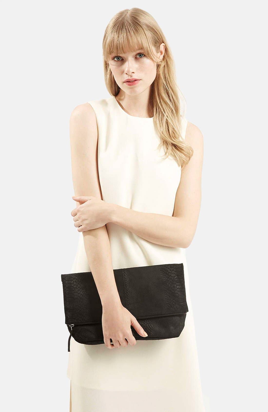 Snake Print Suede Clutch, Alternate, color, BLACK