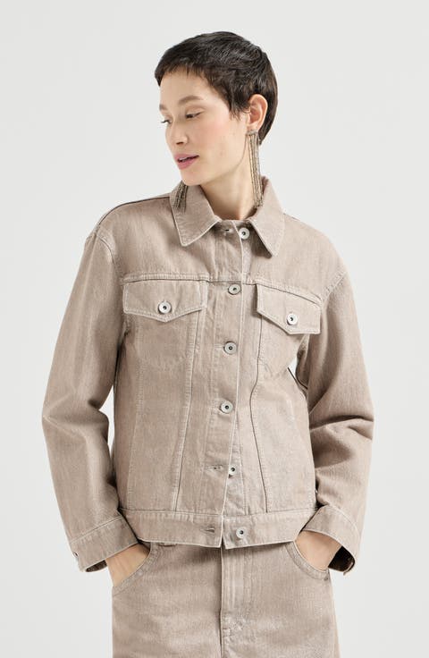 Beige lamé denim four-pocket outerwear jacket with monili