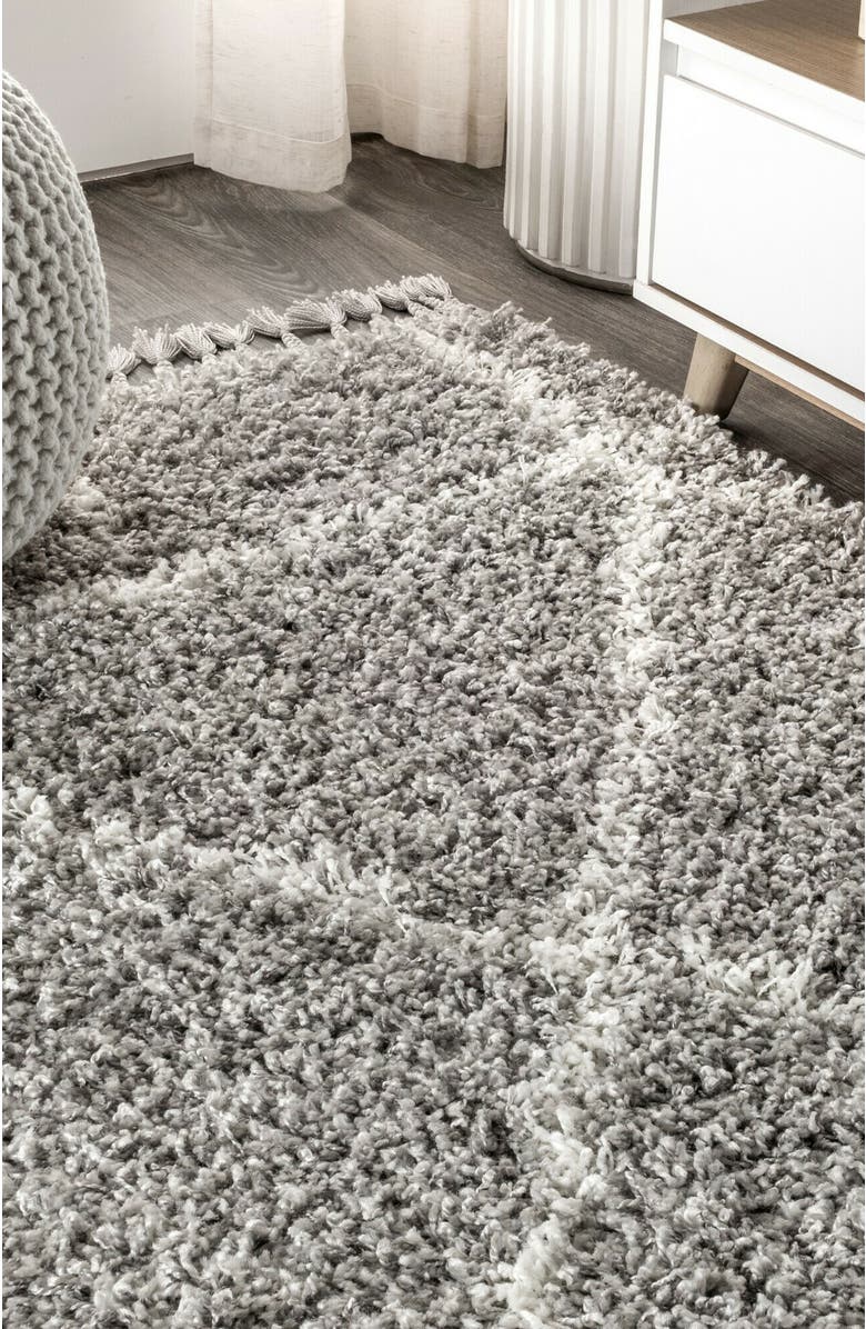 JONATHAN Y Mercer Shag Plush Tassel Moroccan Geometric Area Rug, Alternate, color, Gray/Ivory