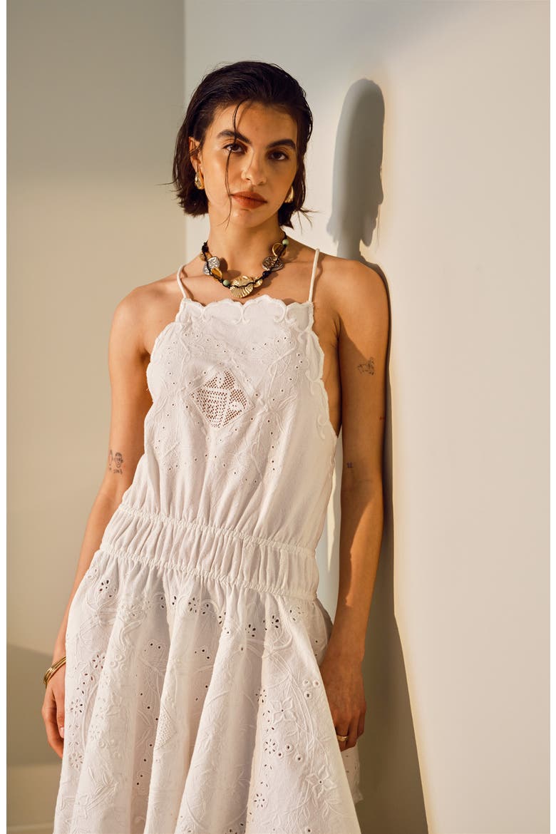 Eyelet Embroidered Handkerchief Hem Cotton & Linen Sundress, Alternate, color, WHITE