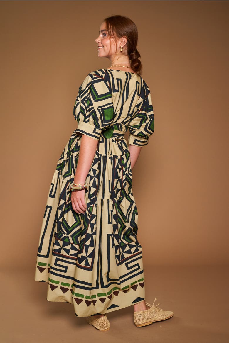 Printed Long Cotton Dress With Belt, Alternate, color, Sand / Black