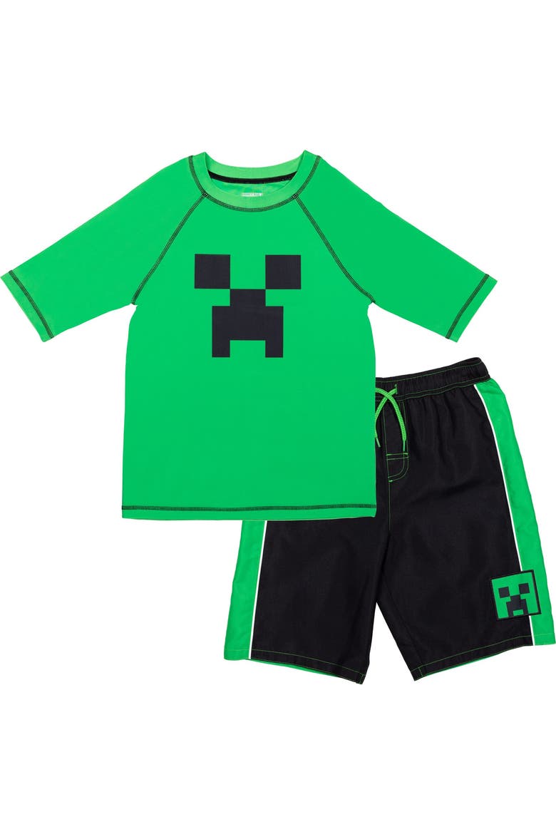 Swimwear 2-piece Rash Guard And Swim Trunks Set (little Kid & Big Kid), Main, color, Creeper Green Black