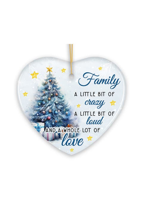 Family Love Blue Christmas Tree Heart Ceramic Ornament