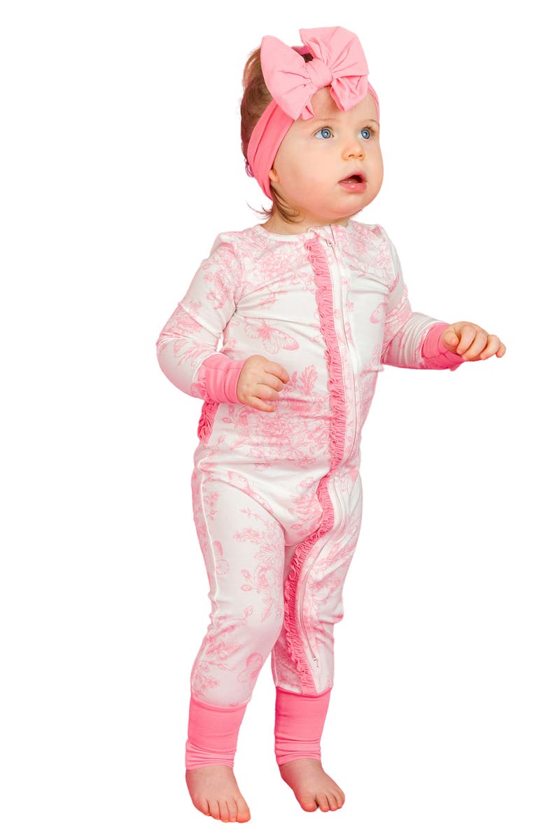 RuffleButts Butterfly Print Ruffle Convertible Romper, Alternate, color, White/Pink