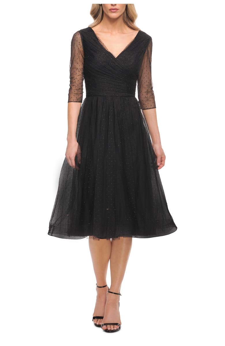 La Femme Tea Length Tulle Dress with Beading and Sheer Sleeve, Main, color, Black