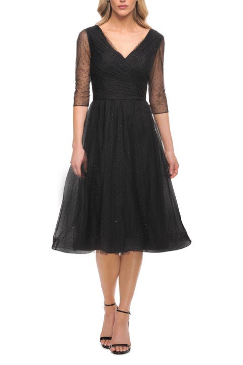 Tea Length Tulle Dress with Beading and Sheer Sleeve