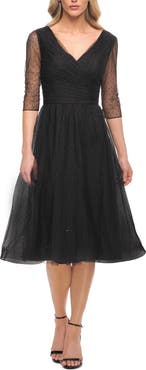La Femme Tea Length Tulle Dress with Beading and Sheer Sleeve
