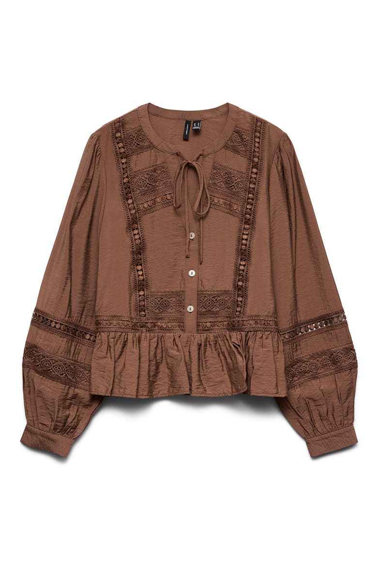 Jules Lace Inset Peplum Top, Alternate, color, COCOA BROWN